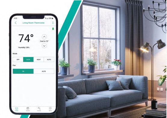 a living room with a couch and a smartphone with the number 74 on it