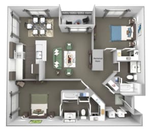 Avenel at Montgomery Square floor plans - The Gwynedd 2 - B3 - 2 Bed 2 Bath - 3D