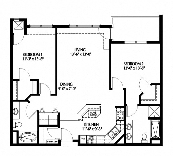 Two Bedroom floor plan at The Bluffs at Nine Mile Creek, Eden Prairie, MN