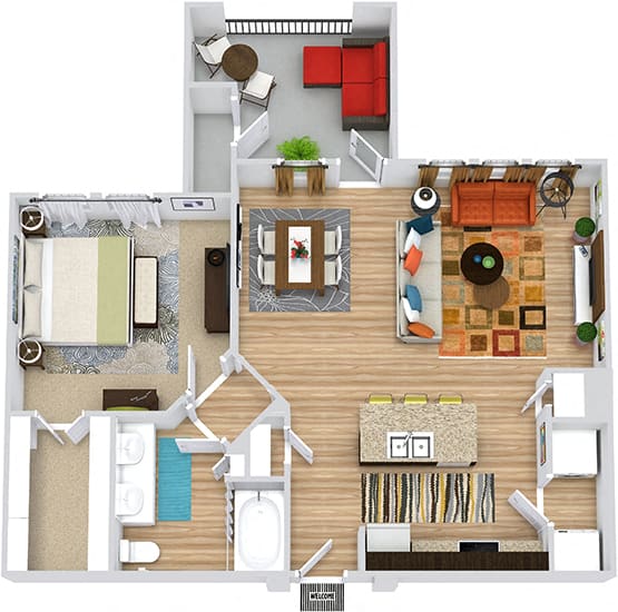 Paluxy 3D. 1 bedroom apartment. Kitchen with island open to living/dinning rooms. 1 full bathroom with double vanity. Walk-in closet. Patio/balcony.