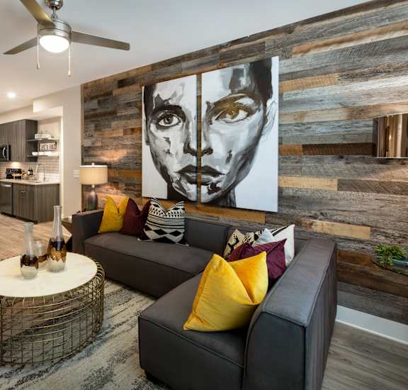 a living room with a couch and a table