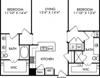 The Balboa. 2 bedroom apartment. Kitchen with bartop open to living room. 2 full bathrooms, double vanity in master, shower stall in guest. Walk-in closets. Patio/balcony.