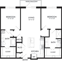 Houston 2 bedroom, 2 bath. L-shaped kitchen with island and pantry. Standalone shower in 2nd bedroom. Washer/dryer. coat closet at entry. Patio/Balcony