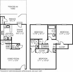 Chadwyck with Fenced-in Yard. 3 bedroom townhome. Kitchen with bartop open to living/dinning rooms. 2 full bathrooms + powder room. Patio/balcony open to yard.