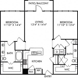 The Balboa. 2 bedroom apartment. Kitchen with bartop open to living room. 2 full bathrooms, double vanity in master, shower stall in guest. Walk-in closets. Patio/balcony.