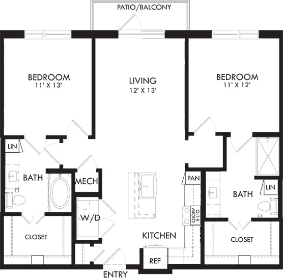 Houston 2 bedroom, 2 bath. L-shaped kitchen with island and pantry. Standalone shower in 2nd bedroom. Washer/dryer. coat closet at entry. Patio/Balcony