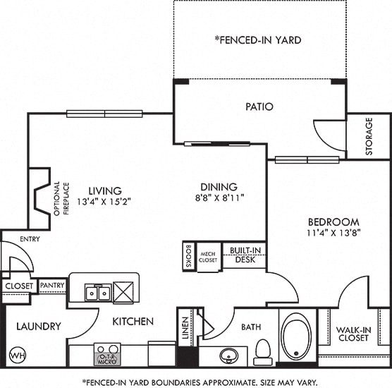 Sunset with Fenced-in Yard. 1 bedroom apartment. Kitchen with bartop open to living/dinning rooms. 1 full bathroom. Walk-in closet. Patio/balcony with storage open to yard. optional fireplace.