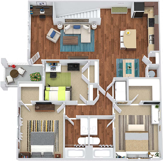 The McClinton 3D. 3 bedroom apartment. 1st floor entry. Kitchen with island open to living/dinning rooms. 2 full bathrooms. Walk-in closets. Patio/balcony.