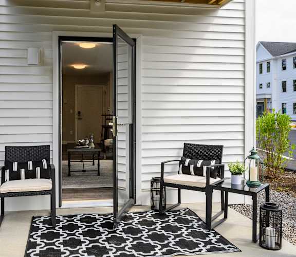 A black and white patterned rug sits in front of a glass door.