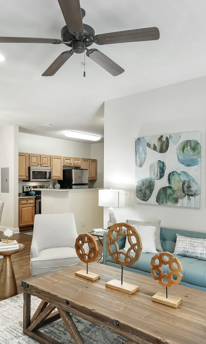 a living room with a blue couch and a ceiling fan at Charleston Apartment Homes, Mobile, 36695