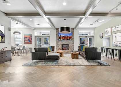 A modern living room with a fireplace and a large rug.