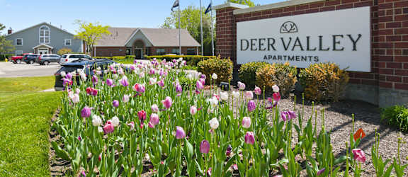 A sign for Deer Valley Apartments is in front of a building with a field of tulips.