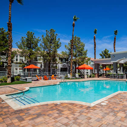 A pool surrounded by palm trees and umbrellas.