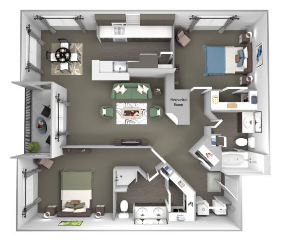 Avenel at Montgomery Square floor plans - The Gwynedd 1 - B2 - 2 Bed 2 Bath - 3D