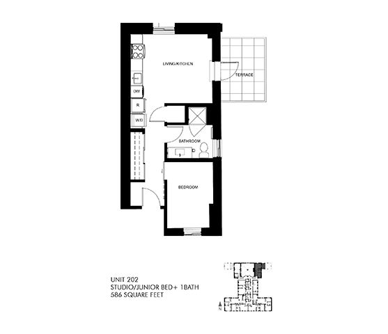 586 SQFT Junior Floor Plan at Park Heights by the Lake Apartments, Chicago, IL