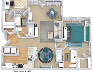 River Birch 3D. 2 bedroom apartment. Kitchen with bartop open to living/dinning rooms. 2 full bathrooms. Walk-in closets. Patio/balcony with storage.