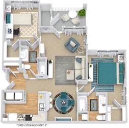 River Birch 3D. 2 bedroom apartment. Kitchen with bartop open to living/dinning rooms. 2 full bathrooms. Walk-in closets. Patio/balcony with storage.