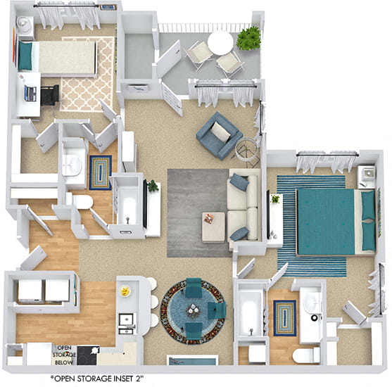 River Birch 3D. 2 bedroom apartment. Kitchen with bartop open to living/dinning rooms. 2 full bathrooms. Walk-in closets. Patio/balcony with storage.