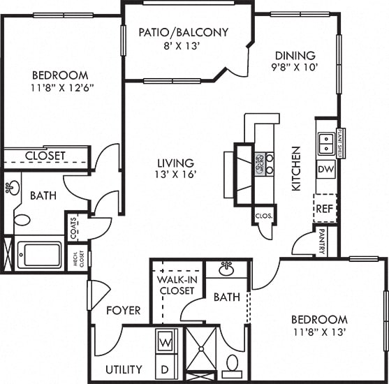 Calais. 2 bedroom apartment. Kitchen with bartop open to living/dinning rooms. 2 full bathroom, shower stall in master. Walk-in closet. Patio/balcony. Optional fireplace.