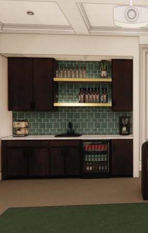 A kitchen with a green tile backsplash and wooden cabinets.