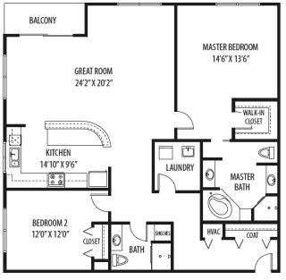 Two bedroom Two bathroom, 1,700 Sq.Ft. Floor Plan at Two Itasca Place, Illinois, 60143