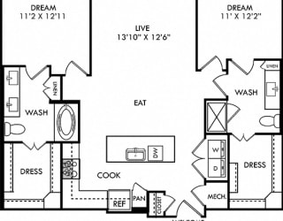 McDonald 2 Bedroom with entry closet, Kitchen with island and pantry cabinet, open to dining-living area, 1 bath with shower, 1 bath with double sink and tub. walk-in closets. washer/dryer. balcony