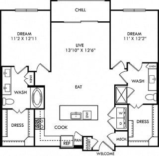 McDonald McDonald 2 Bedroom with entry closet, Kitchen with island and pantry cabinet, open to dining-living area, 1 bath with shower, 1 bath with double sink and tub. walk-in closets. washer/dryer. balcony