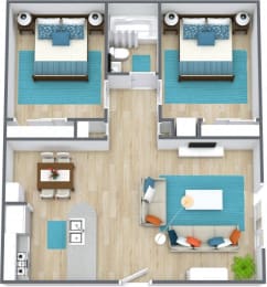Three dimensional rendering of a two bedroom apartment  at Bennett Ridge Apartments, Oklahoma