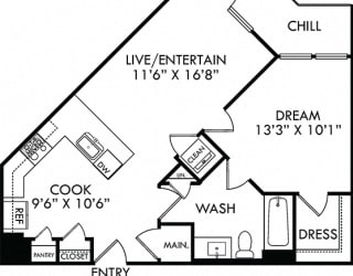 The Hunt. 1 bedroom apartment. Kitchen with bartop open to living room. 1 full bathroom. Walk-in closet. Patio/balcony.