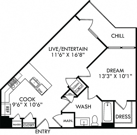 The Hunt. 1 bedroom apartment. Kitchen with bartop open to living room. 1 full bathroom. Walk-in closet. Patio/balcony.