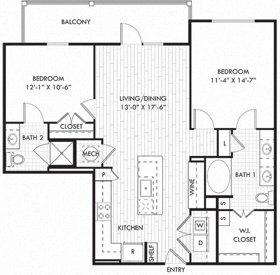 The Allen. 2 bedroom apartment. Kitchen with island open to living/dinning room. 2 full bathrooms, double vanity in master, shower stall in guest. Walk-in closet. Patio/balcony.