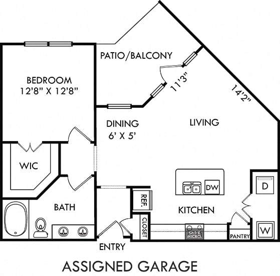 Griffith with Assigned Garage. 1 bedroom apartment. Kitchen with island open to living/dinning rooms. 1 full bathroom, double vanity. Walk-in closet. Patio/balcony.
