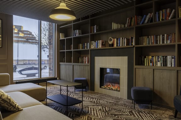 a living room with a fireplace and a bookshelf