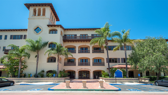 a large building with palm trees in front of it