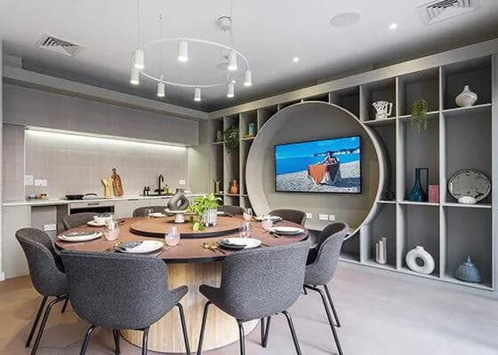 a table and chairs in a room