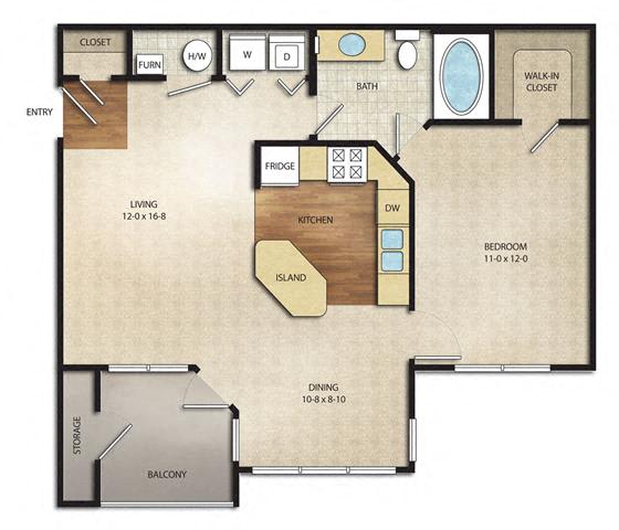 1 Bed 1 Bath Churchill Floor Plan | Sq. Ft.: 755 at The Farms Apartments, Columbus, Ohio