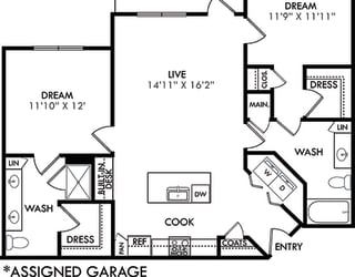 The Stillwater with assigned garage. 2 bedroom apartment. Kitchen with island open to living room. 2 full bathrooms, double vanity in master. Walk-in closet. Patio/balcony.