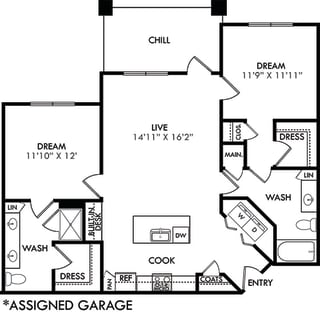 The Stillwater with assigned garage. 2 bedroom apartment. Kitchen with island open to living room. 2 full bathrooms, double vanity in master. Walk-in closet. Patio/balcony.