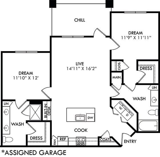 The Stillwater with assigned garage. 2 bedroom apartment. Kitchen with island open to living room. 2 full bathrooms, double vanity in master. Walk-in closet. Patio/balcony.