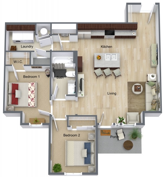 a floor plan of a two bedroom apartment with a bathroom and kitchen