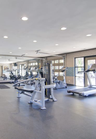 a spacious fitness center with cardio equipment and a pink exercise ball