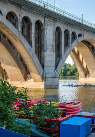 A bridge over a body of water with a blue gate in the foreground at Seminary Towers, Alexandria, Virginia