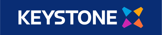 The image features the word "KEYSTONE" in white letters on a blue background, accompanied by a colorful geometric design.