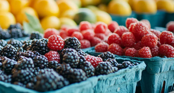 A bunch of raspberries and blackberries in a blue container.