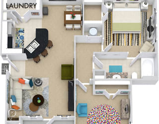 The Torino 3D. 2 bedroom apartment. Kitchen with bartop open to living/dining rooms. 1 full bathroom. Walk-in closet. Patio/balcony.