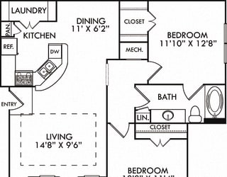 The Torino. 2 bedroom apartment. Kitchen with bartop open to living/dining rooms. 1 full bathroom. Walk-in closet. Patio/balcony.