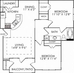 The Torino. 2 bedroom apartment. Kitchen with bartop open to living/dining rooms. 1 full bathroom. Walk-in closet. Patio/balcony.