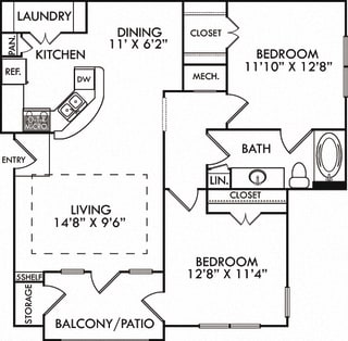 The Torino. 2 bedroom apartment. Kitchen with bartop open to living/dining rooms. 1 full bathroom. Walk-in closet. Patio/balcony.