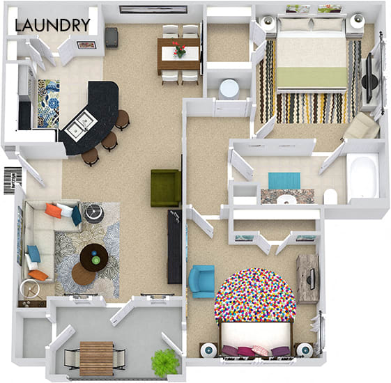 The Torino 3D. 2 bedroom apartment. Kitchen with bartop open to living/dining rooms. 1 full bathroom. Walk-in closet. Patio/balcony.