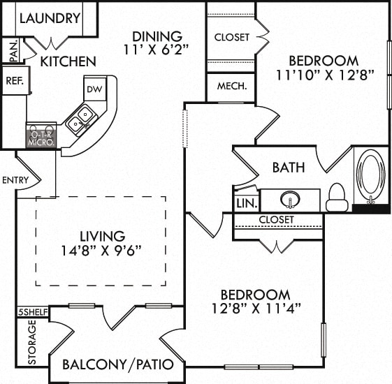 The Torino. 2 bedroom apartment. Kitchen with bartop open to living/dining rooms. 1 full bathroom. Walk-in closet. Patio/balcony.